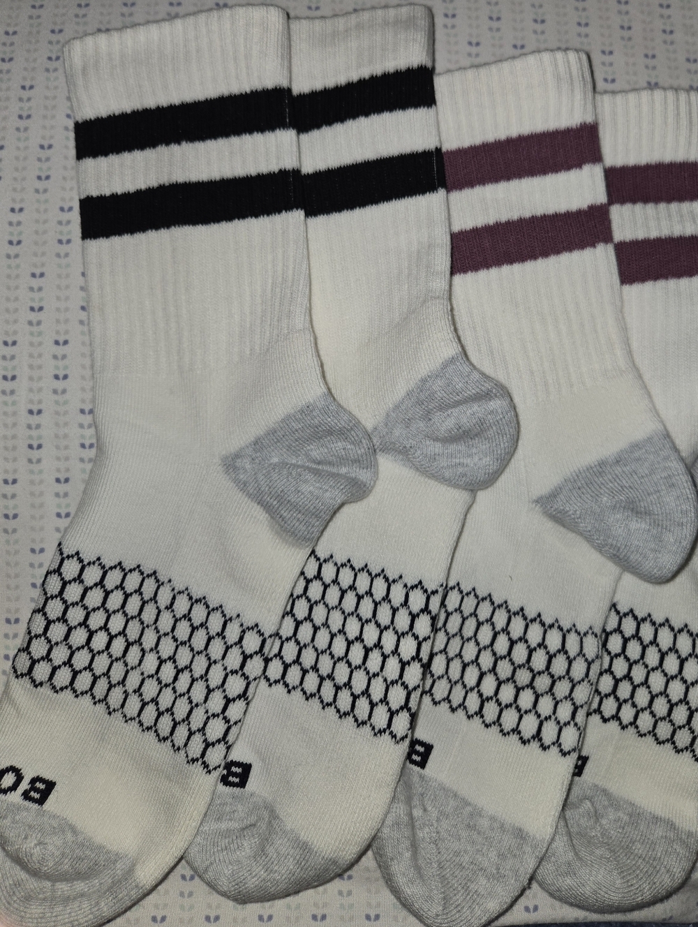 Bombas Half Calf Retro Stripe Socks - White with Black & Wine Medium - Picture 2 of 3